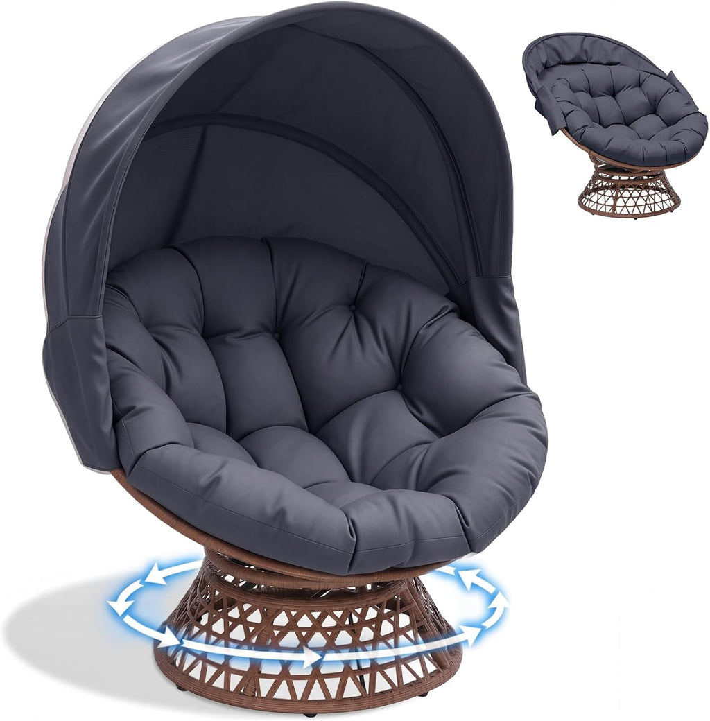 COMHOMA Papasan Chair, 36" Ergonomic Wicker Papasan Chair with Extra-Thick Soft Fabric Cushion, Heavy-Duty Steel Frame, 360° Swivel Base for Living Room, Lounge, Bedroom & Reading Nook – Grey