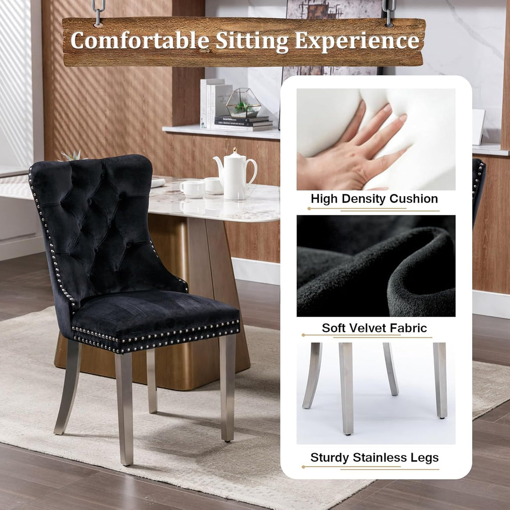 47.2" Round Dining Table Set for 4, White Faux Marble Kitchen Table & 4 Black Velvet Chairs with Silver Stainless Steel Legs, Luxury 5 Piece Round Dining Room Table Set for Kitchen Dining