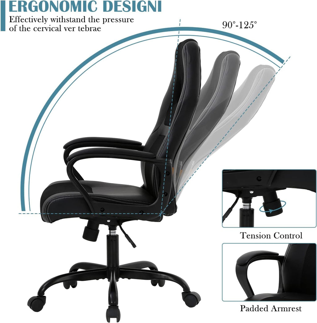 PC Gaming Chair Ergonomic Computer High-Back Racing with Lumbar Support Armrest Adjustable PU Leather Swivel Rolling Executive Office Desk for Home Adults,Black
