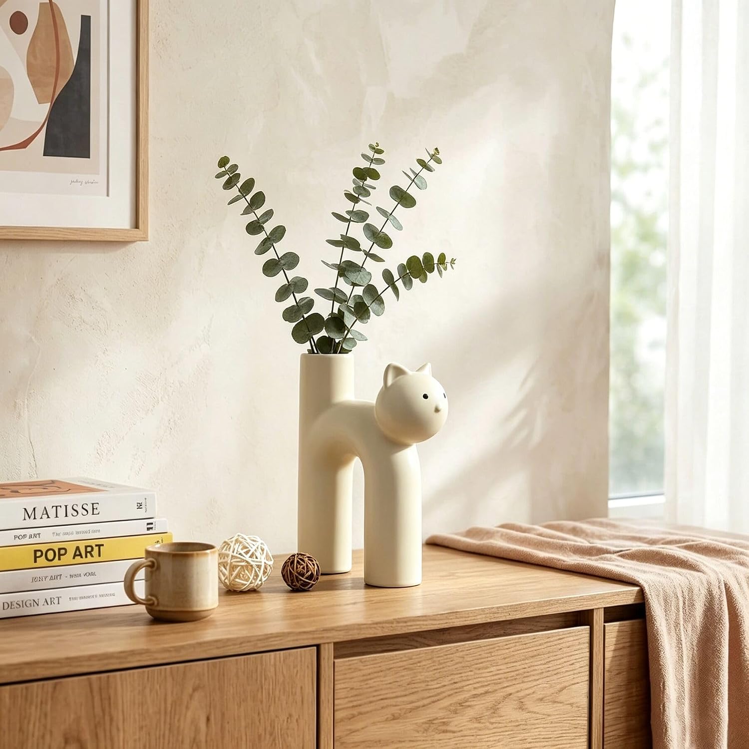 GeLive Cream White Cat Ceramic Vase, Minimalist Cute Kitty Flower Vase for Home Decor, Modern Boho Decorative Vase for Living Room, Bedroom, Office, Ideal Gift for Cat Lovers