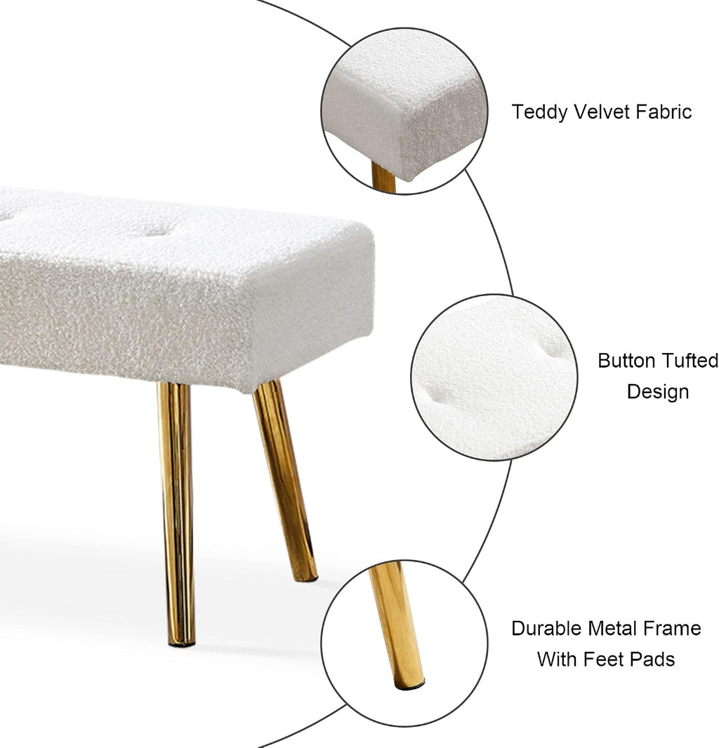 Entryway Bench, 40'' Upholstered Bedroom Benches, End of Bed Bench with Metal Legs, for Decorative, Living Room, Dining Room, White Bench, Teddy Velvet