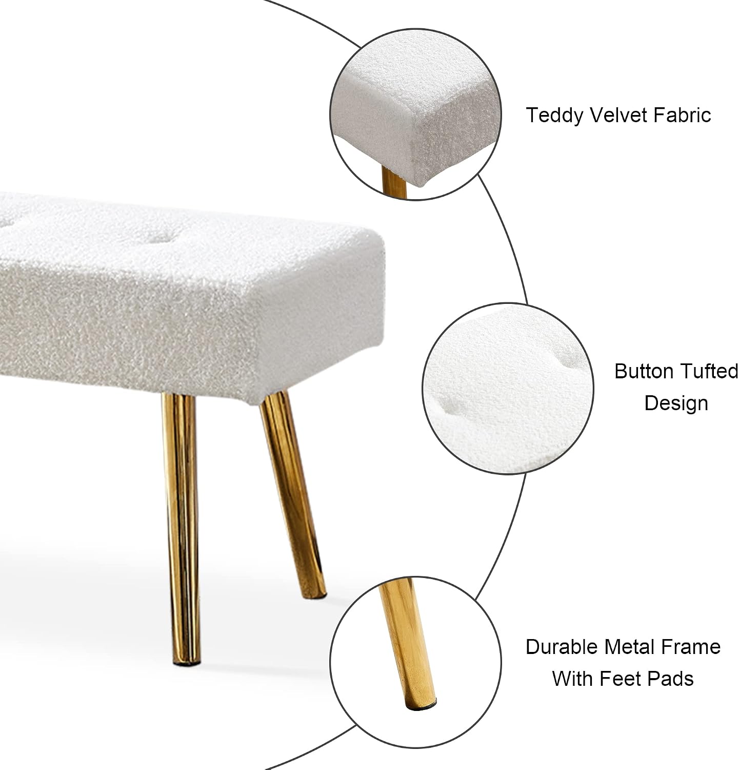Entryway Bench, 40'' Upholstered Bedroom Benches, End of Bed Bench with Metal Legs, for Decorative, Living Room, Dining Room, White Bench, Teddy Velvet
