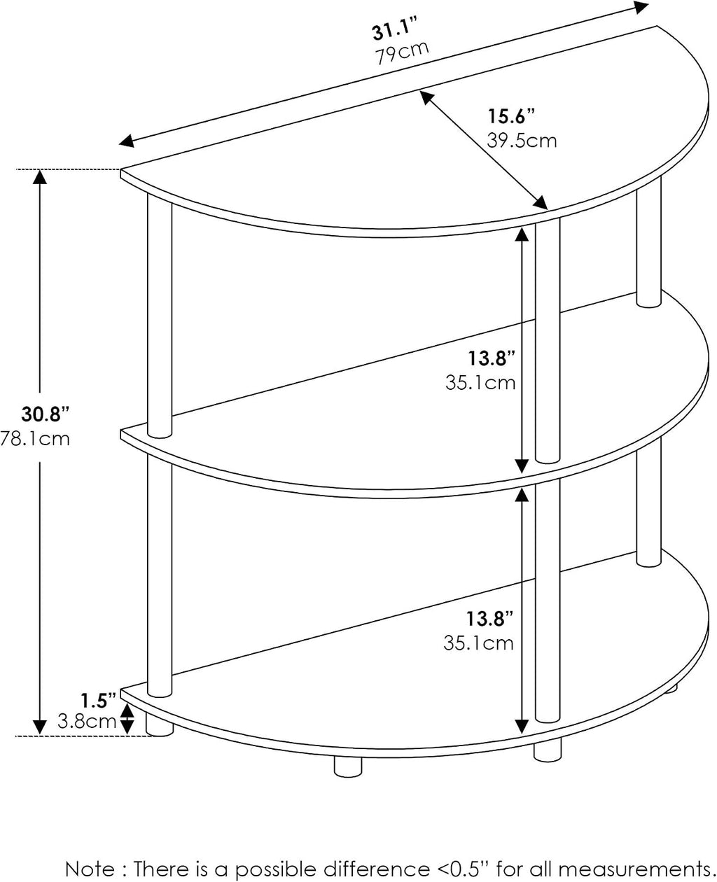 3-Tier Half-Round Console Table with Storage Shelf, Toolless Assembly Narrow Side Table, Sofa Table, Entryway Table, for Home Office, Living Room, Entryway, White Oak