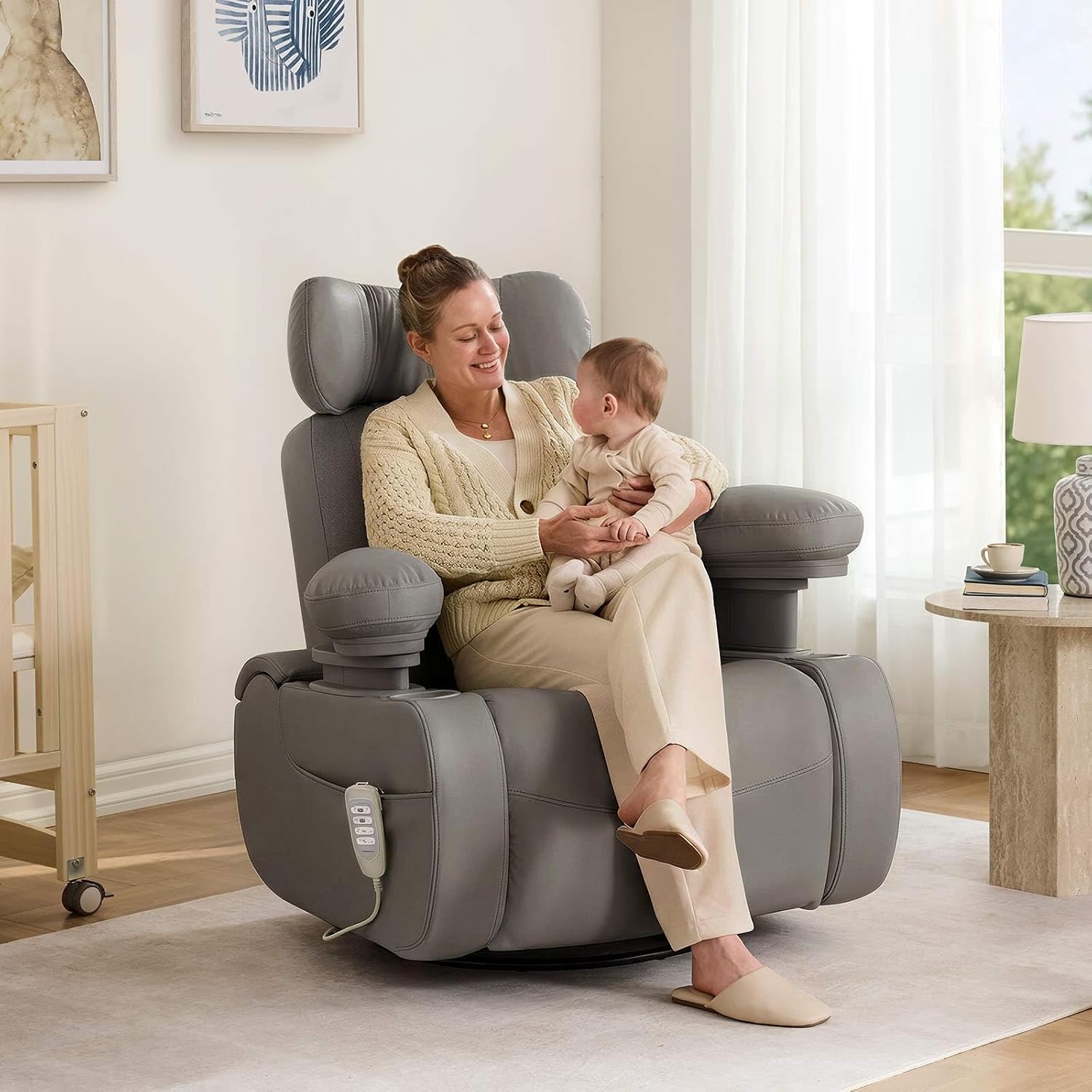 MAMAZING Lullapod Max Power Nursery Rocking Chair with Independent Recline & Footrest, Swivel Nursery Recliner Glider with Electric Adjustable Armrests, Silent Rocking, Oeko-TEX Certified
