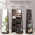 CHARMAID 360° Swivel Jewelry Armoire with Full Length Mirror, Rear Storage Shelves, Lockable Standing Jewelry Cabinet Organizer with Interior Vanity Mirror and 3-Color Lights (Espresso)