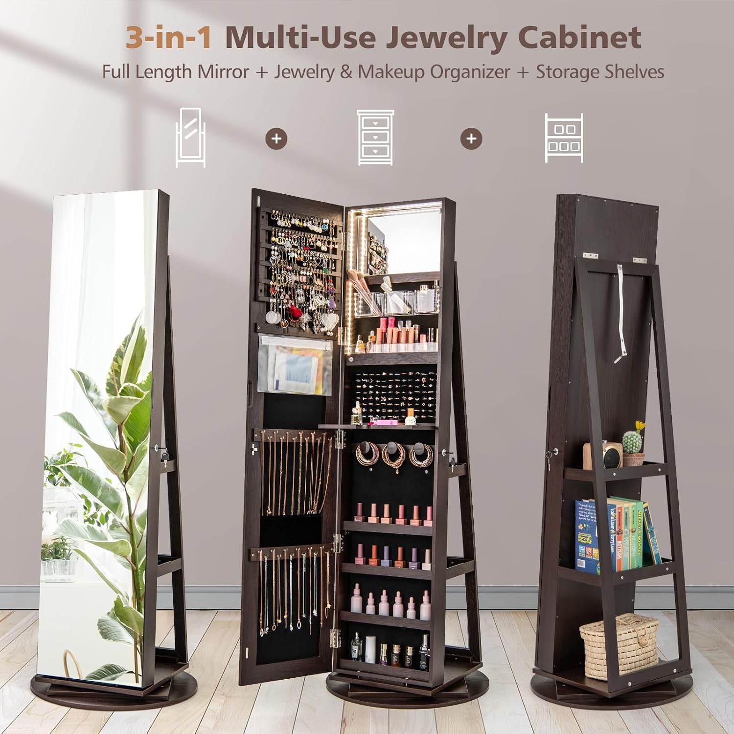 CHARMAID 360° Swivel Jewelry Armoire with Full Length Mirror, Rear Storage Shelves, Lockable Standing Jewelry Cabinet Organizer with Interior Vanity Mirror and 3-Color Lights (Espresso)