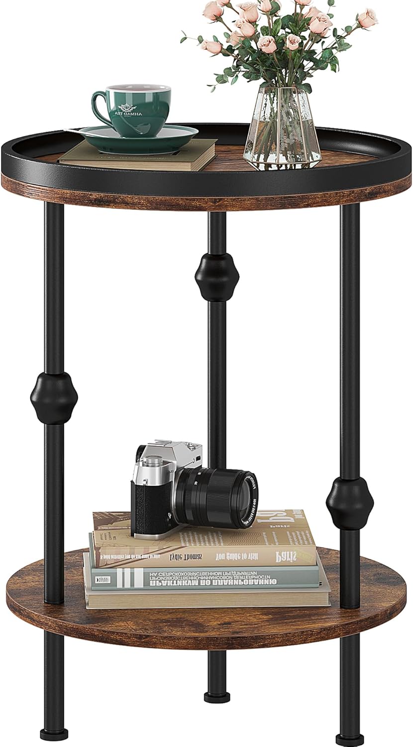 Farmhouse Round Side Table with Storage Shelf,2 Tier End Table with Raised Edge Tray Top,Accent Sofa Table for Small Space,Living Room,Bedroom,Rustic Brown