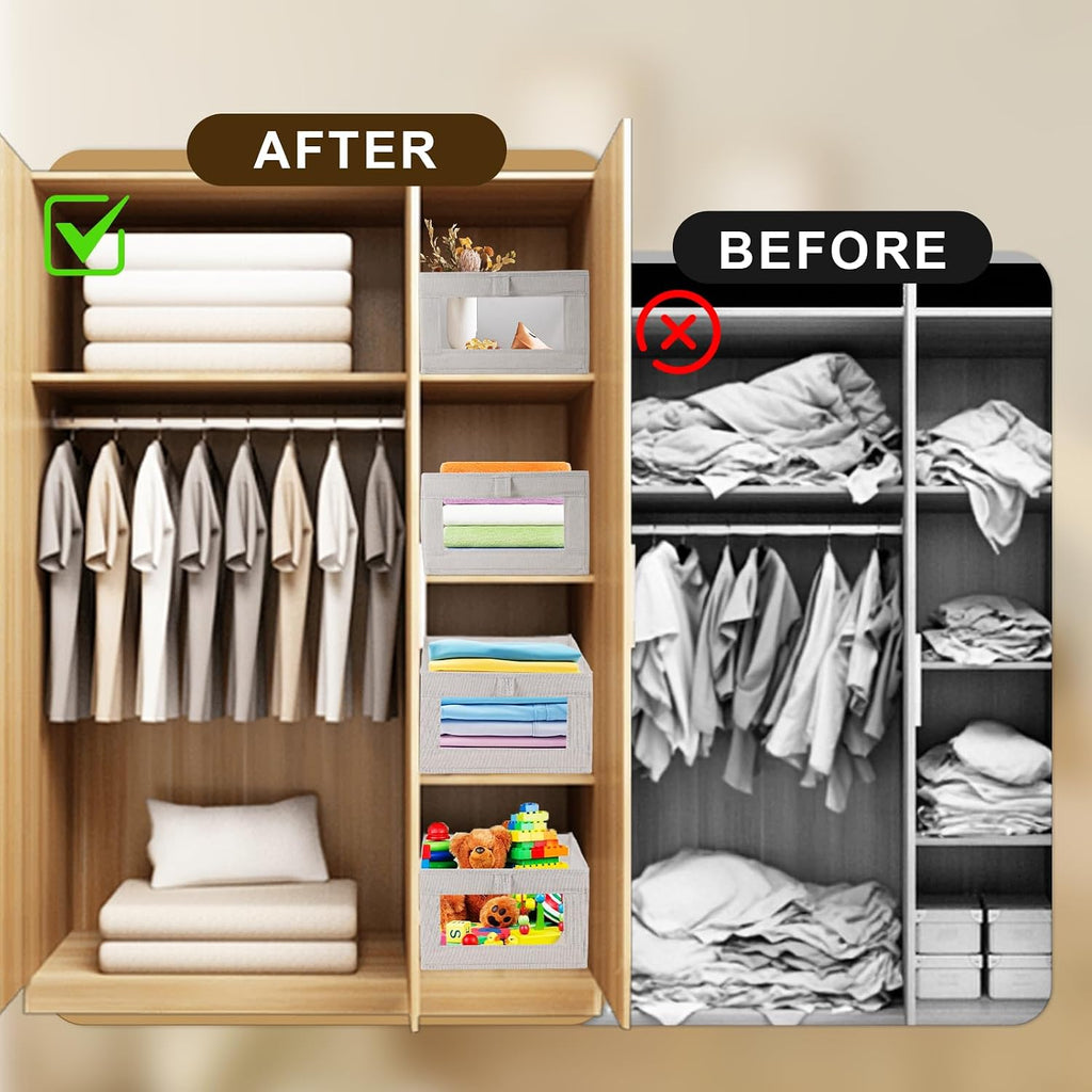 3 Pack Linen Storage Bins with Clear Window - Foldable Fabric Closet Organizer Shelf Baskets for Clothes, Toys, Towels, Jeans, Books, Shelves, 16"x11"x7" (Beige)