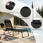 Foldable Lounge Chair, 4-Position Adjustable Outdoor Folding Lounge Chair with Cup Holders and Trays, Sunbathing Chair Portable with Removable Pillow, for Garden, Beach, Patio, Pool (Black)