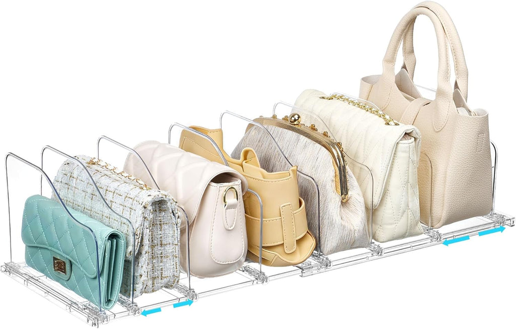 Vtopmart Free-Adjustable Purse Organizer for Closet with 2 Base, Clear Handbags Storage Organizer, Fits Different Bag Sizes & Closet Shelf, Expandable Plastic Shelf Dividers for Handbags, Wallets