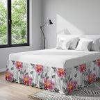 Pink Grey Floral Bed Skirt Cal King Size 16 Inch Drop, Adjustable & Elastic Wrap Around Bed Skirts Pleated Dust Ruffles for Twin Full Queen Cal King Base Bed, Botanical Leaves Spring Chic Flower