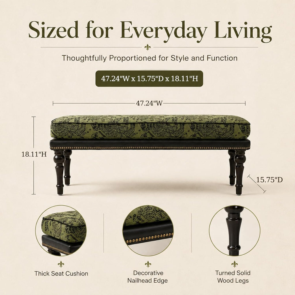 Forteek 47" End of Bed Bench, Traditional Upholstered Bedroom Bench with Removable Washable Jacquard Fabric Cover, Nailhead Trim, Vintage Accent Bench for Bedroom Living Room Entryway(Vintage Green)
