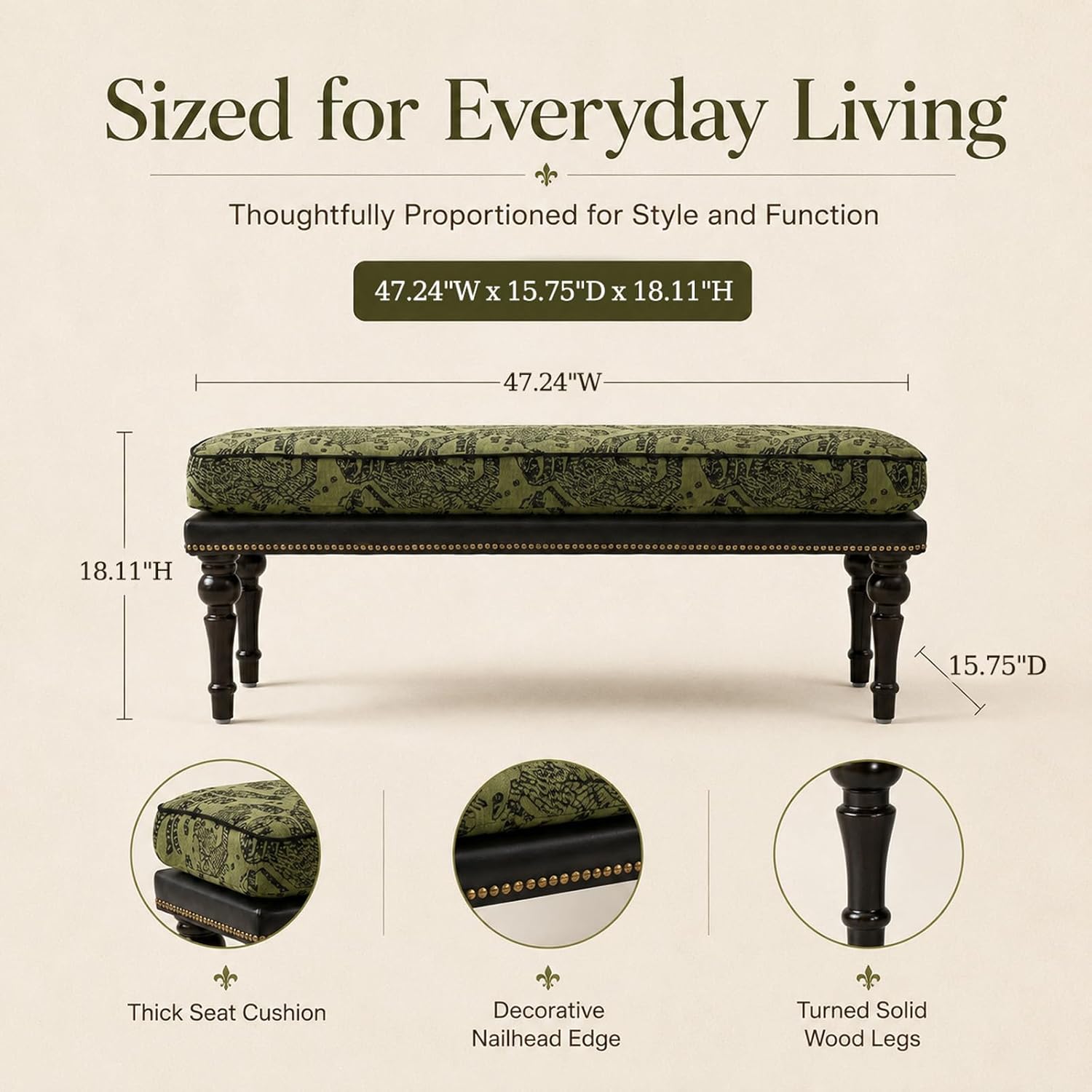 Forteek 47" End of Bed Bench, Traditional Upholstered Bedroom Bench with Removable Washable Jacquard Fabric Cover, Nailhead Trim, Vintage Accent Bench for Bedroom Living Room Entryway(Vintage Green)