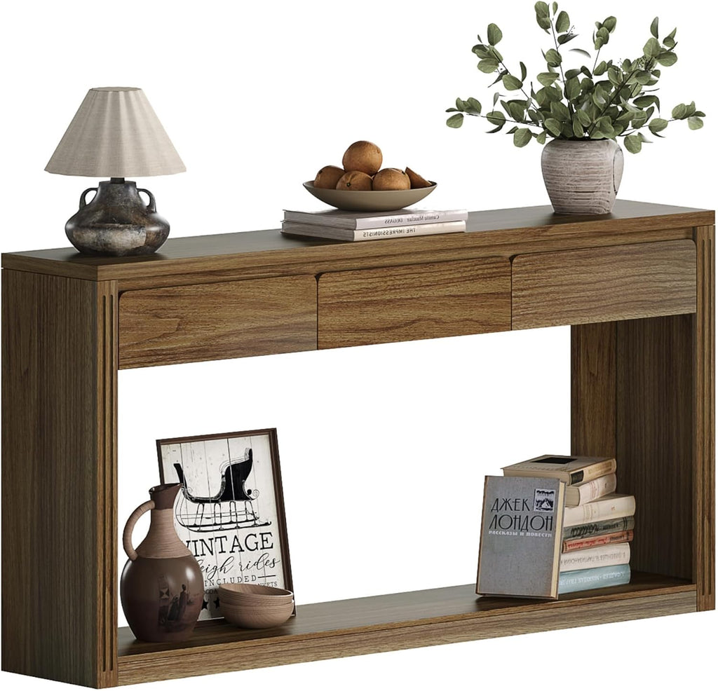 Treocho 63.9" Farmhouse Console Tables for Entryway, Long Sofa Table with Drawers, Narrow Behind Couch Table for Living Room, Hallway, and Entrance, Light Walnut