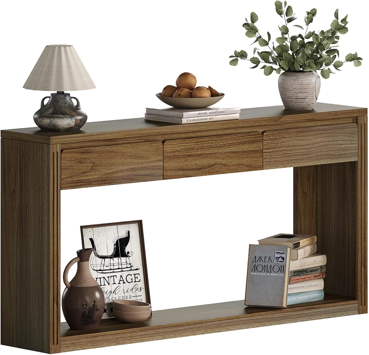 Treocho 63.9" Farmhouse Console Tables for Entryway, Long Sofa Table with Drawers, Narrow Behind Couch Table for Living Room, Hallway, and Entrance, Light Walnut