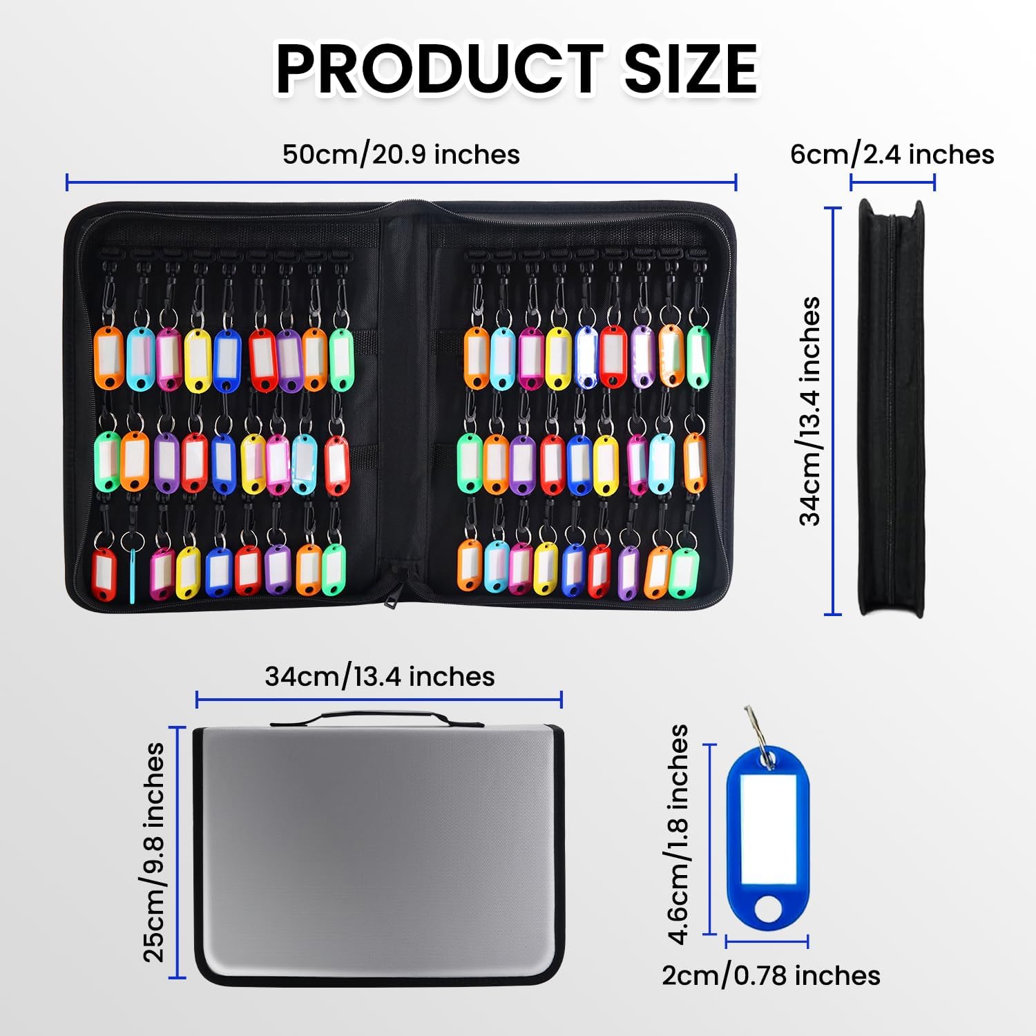 Zippered Case, Portable Organizer With Handle, Waterproof & Fireproof Binder With 54 Hooks and Tags, Key Box for Estate Sales, Hotel Executives, Landlord (Silvery)