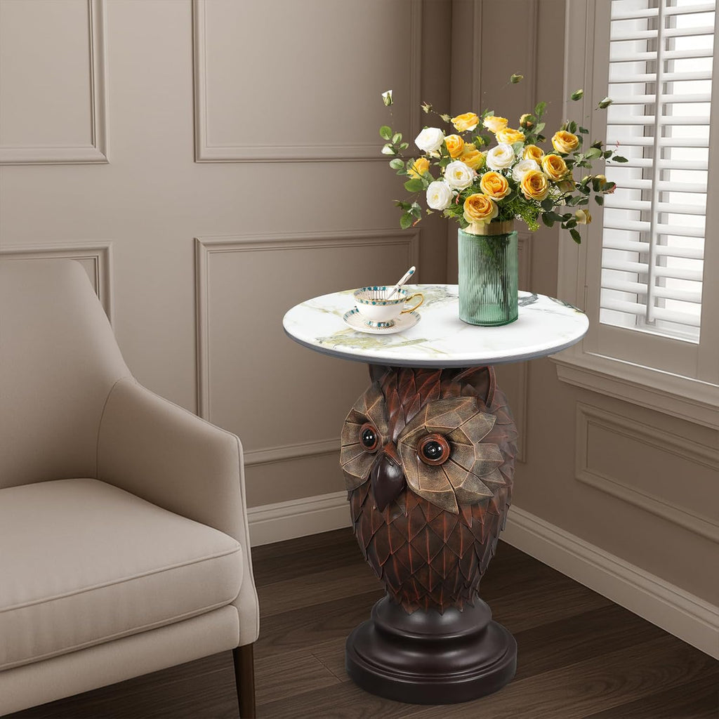 Owl Side Table, Round End Table with Faux Marble Top, Resin Owl Statue Base, Unique Animal Accent Table for Living Room, Bedroom, Nursery, Rustic Brown 22.83“ Tall 17.17" Height
