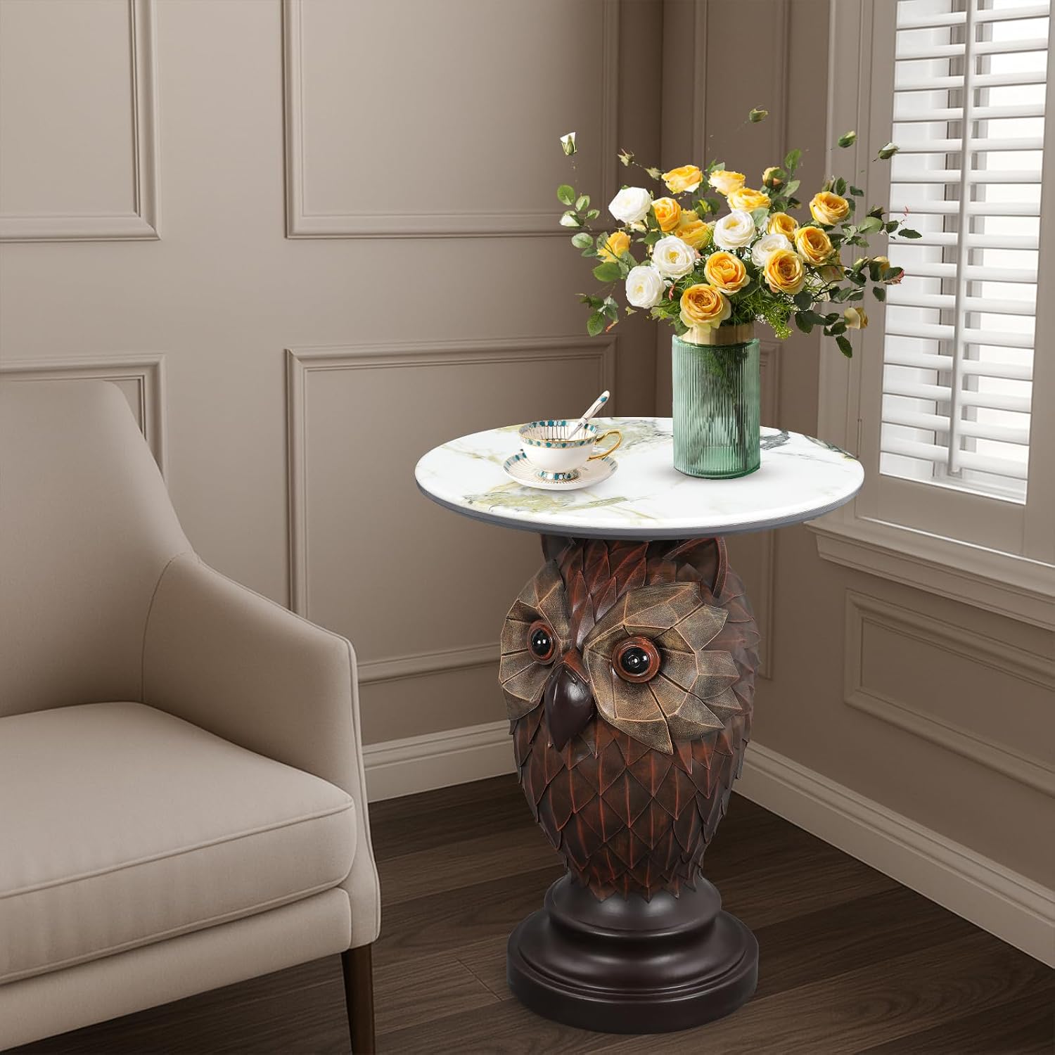 Owl Side Table, Round End Table with Faux Marble Top, Resin Owl Statue Base, Unique Animal Accent Table for Living Room, Bedroom, Nursery, Rustic Brown 22.83“ Tall 17.17" Height