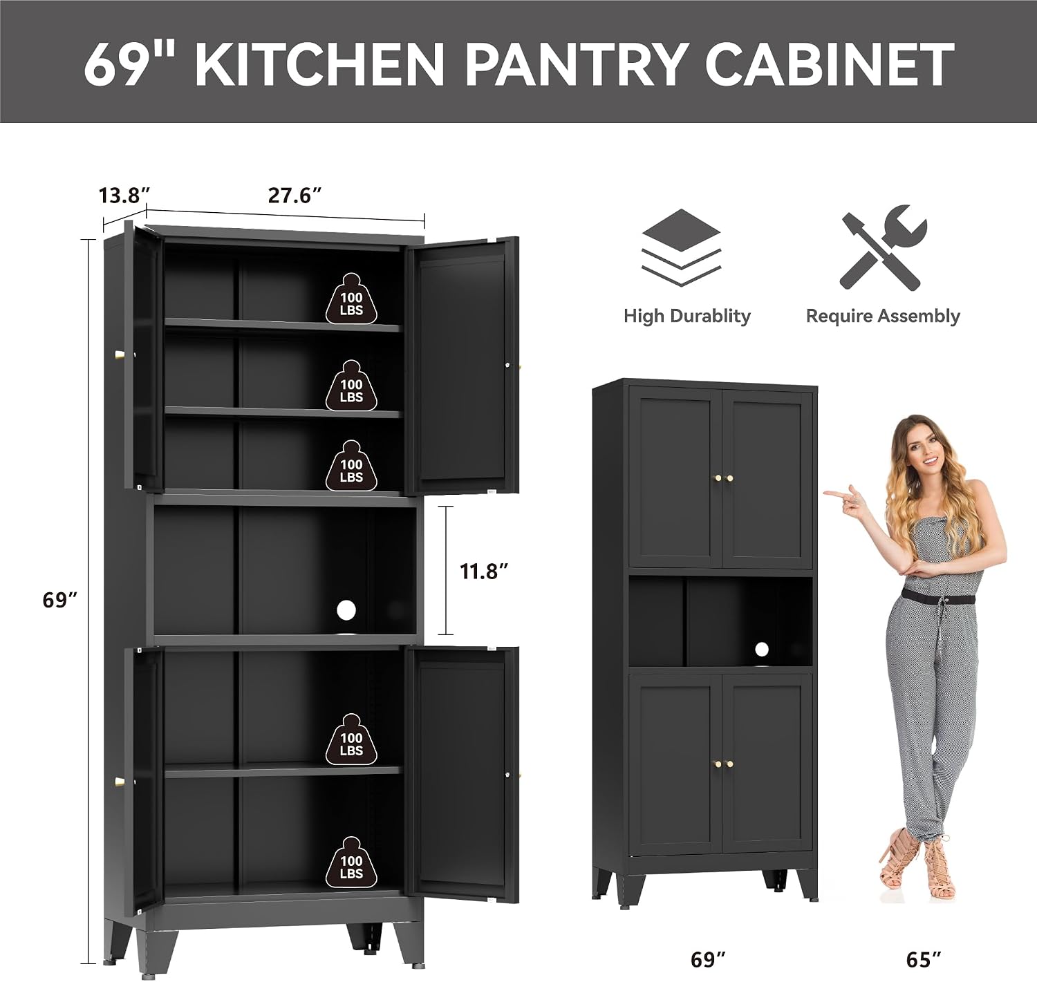 Bevivog Tall Pantry Cabinet with Microwave Shelf, 69" Metal Storage Cabinet with 4 Doors and Adjustable Shelves,Freestanding Metal Kitchen Hutch Cabinet, Black Pantry Closet Storage Shelves with Doors