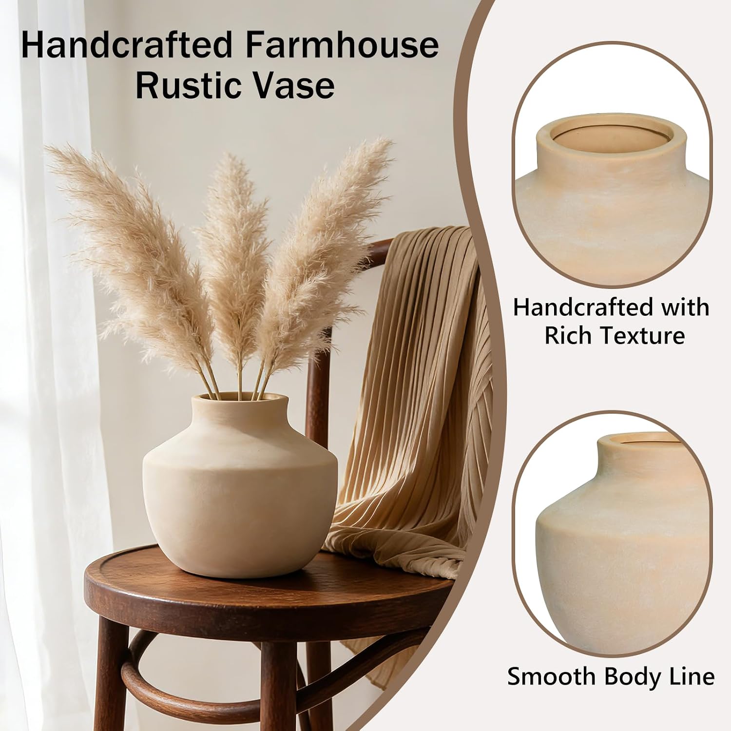 Ceramic Flower Vase, 5.5 Inch Off-White Farmhouse Vase, Handcrafted Weathered Pottery Vase, Small Flower Vase for Home Decor, Living Room, Table, Shelf