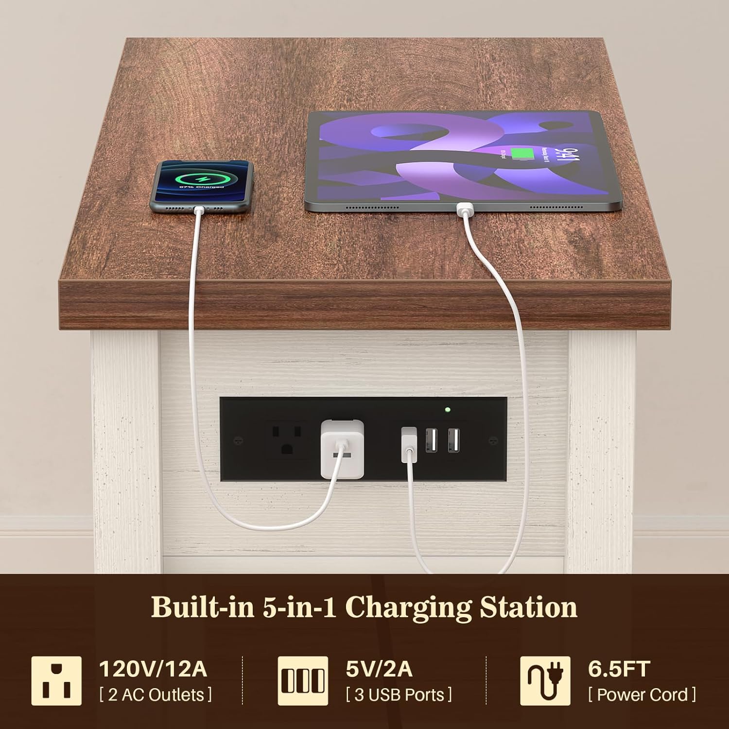 Narrow End Table with Charging Station - Farmhouse Side Table with Drawer, 14" Wide Wood Nightstand Slim Couch Bedside Table for Living Room Bedroom Small Spaces, 2-Tone Antique White & Brown