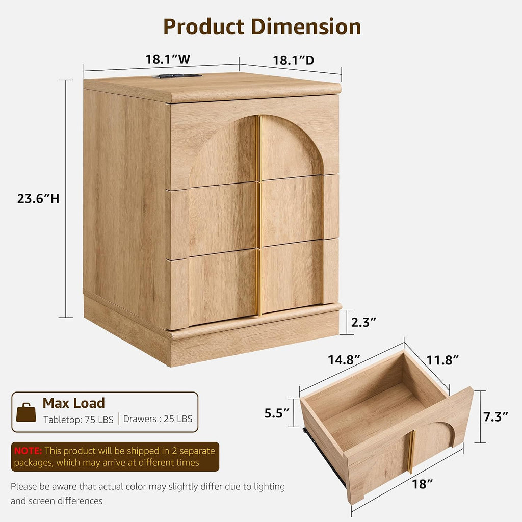 ACCOHOHO Modern Night Stand Set 2 with Arched Panel, 18" Nightstand with Charging Station, Side Table with 3 Storage Drawers, Wood Square Bedside End Table for Bedroom Living Room, Natural Oak