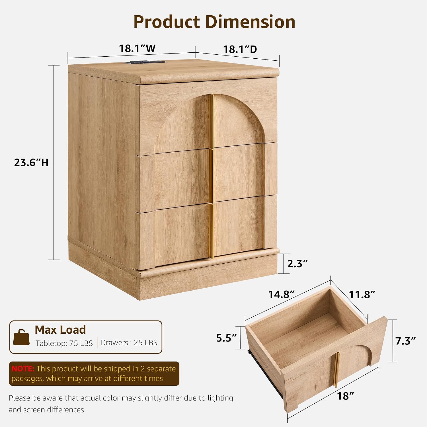 ACCOHOHO Modern Night Stand Set 2 with Arched Panel, 18" Nightstand with Charging Station, Side Table with 3 Storage Drawers, Wood Square Bedside End Table for Bedroom Living Room, Natural Oak