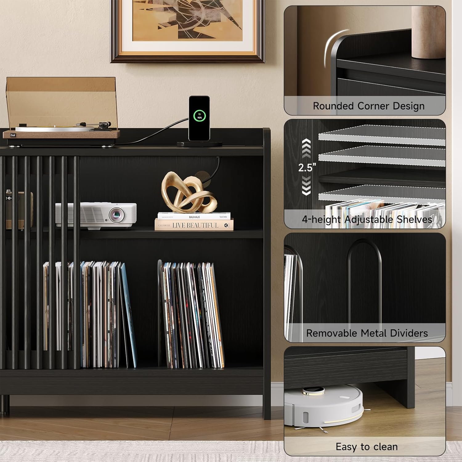 48" Record Player Stand with Flip-out Storage Cabinet, Holds 350+ Albums-Vinyl Record Table with Sliding Door & Adjustable Shelf, Modern Turntable Stand with Charging Station for Living Room Bedroom