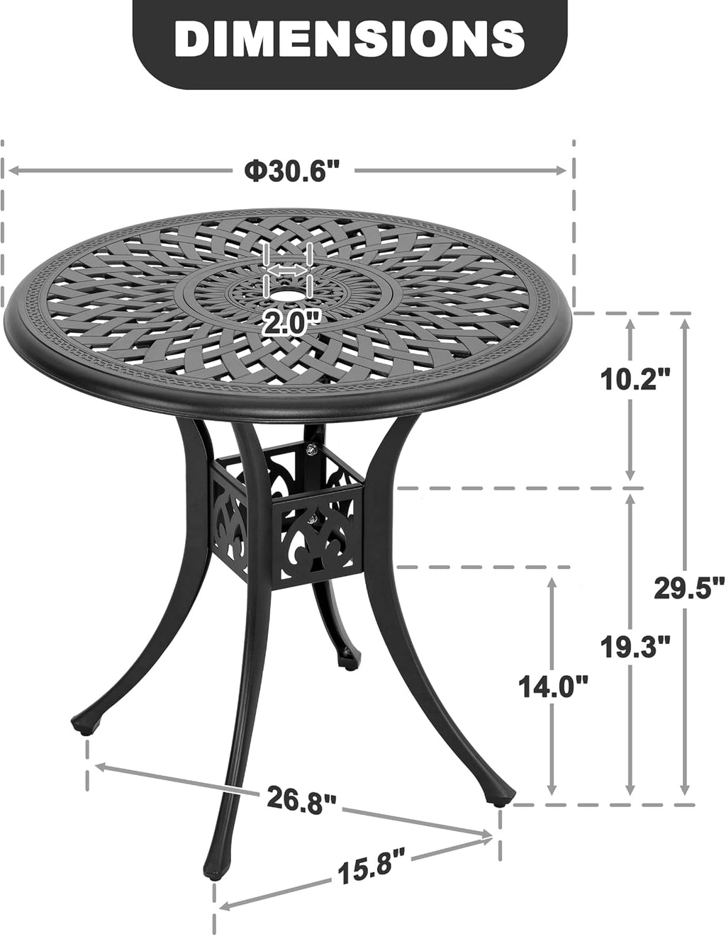 NUU GARDEN 30 Inch Patio Dining Table, Cast Aluminum Round Outdoor Table with Umbrella Hole for Patio, Backyard, Deck-Black