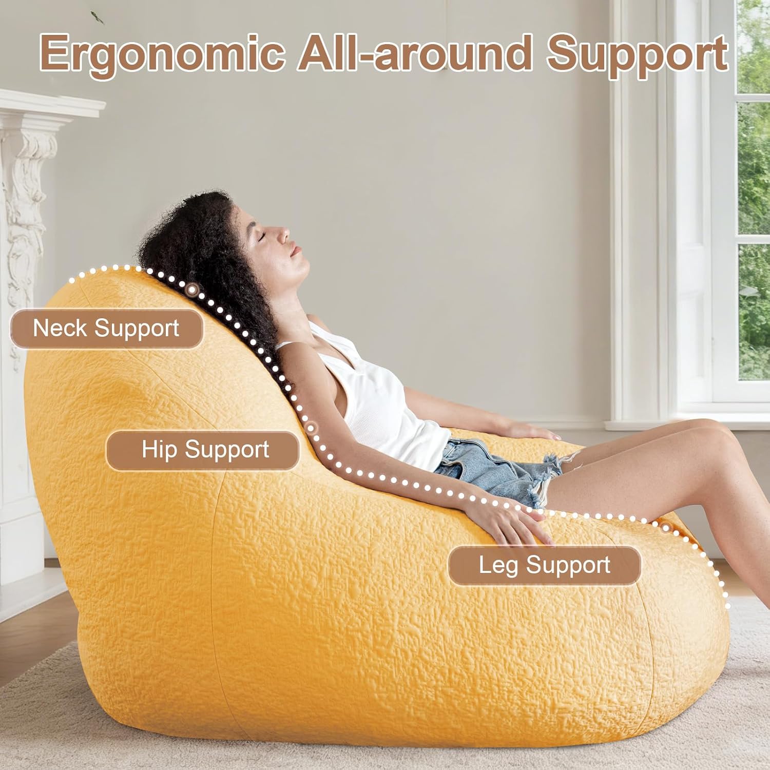 4FT Large Bean Bag Chair for Adults - Big Boneless Floor Chair with Foam Filling, Oversized Bean Bag Sofa for Reading and Gaming in Bedroom, Living Room, Dorm, Yellow