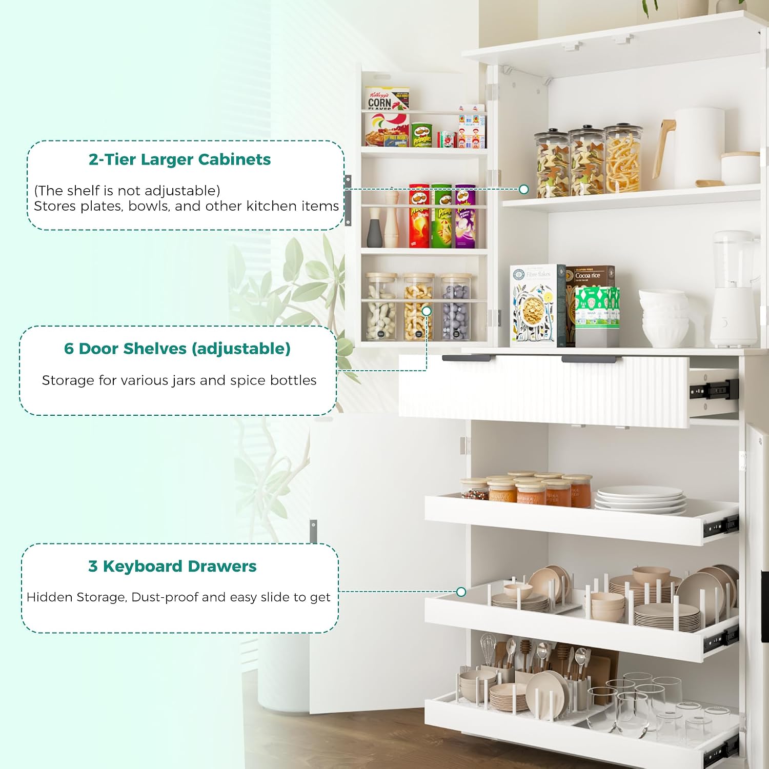 71.6'' Kitchen Pantry Cabinet, Fluted Storage Cabinet with 4 Doors + 6 Door Storage Shelves + 3 Sliding Shelves + 1 Drawer, Freestanding Wood Cupboard for Dining Room, Living Room, Bathroom