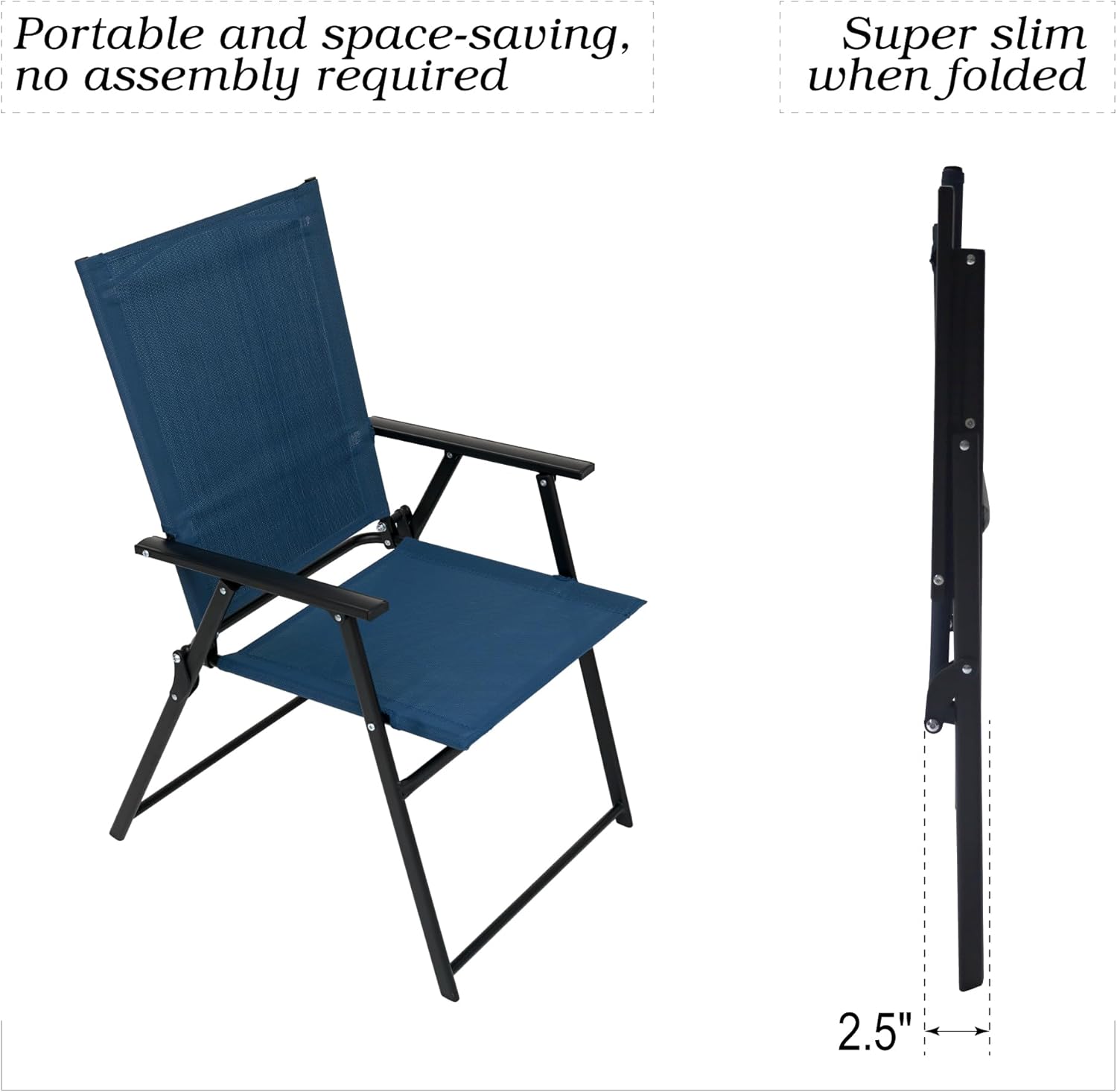 2pcs Folding Patio Chairs, Outdoor Dining Chairs with Grey Sling High Back and Armrests Used for Camping Garden Backyard Pool Porch