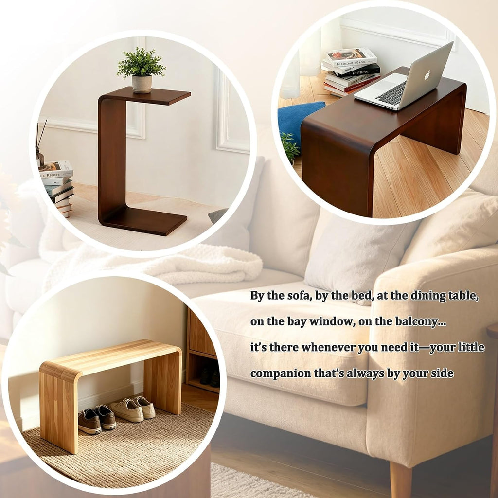 C-Shaped Side Table, 27" H Solid Wood Sofa Side Table Compact Snack Tray Table for Bedroom, Office, Or Balcony, Wooden Nightstand for Laptop and Narrow Spaces, Walnut(Walnut,A)
