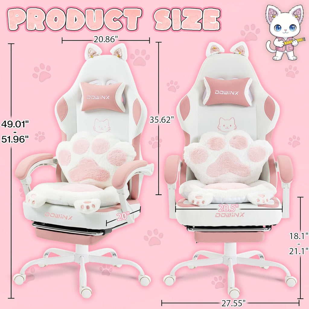 Dowinx Gaming Chair with Cat Ears and Paw Lumbar Pillow, Ergonomic Reclining Chair, Memory Foam and Spring Cushion, Footrest, 300lbs Capacity, Cute and Comfortable Design for Women & Girls