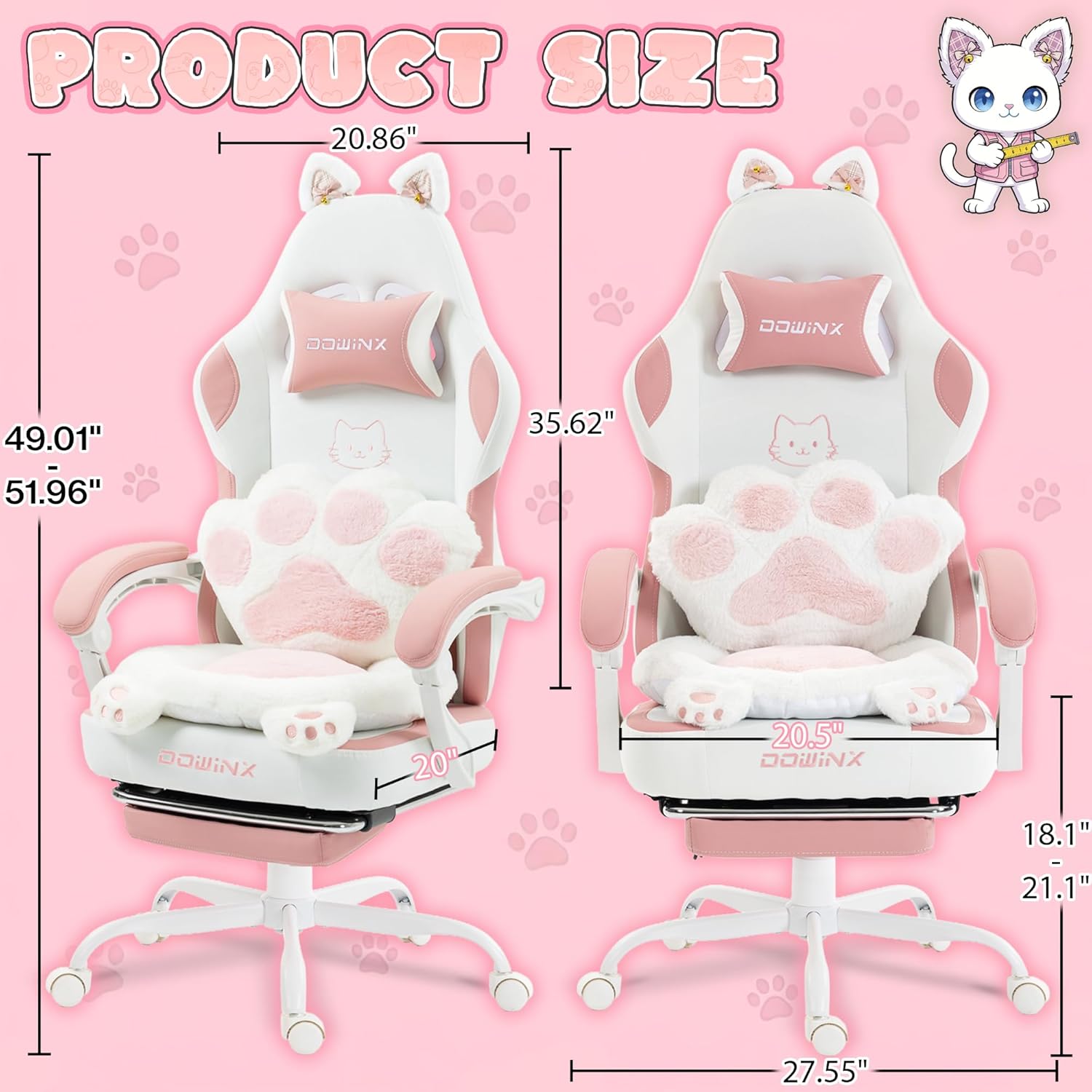 Dowinx Gaming Chair with Cat Ears and Paw Lumbar Pillow, Ergonomic Reclining Chair, Memory Foam and Spring Cushion, Footrest, 300lbs Capacity, Cute and Comfortable Design for Women & Girls