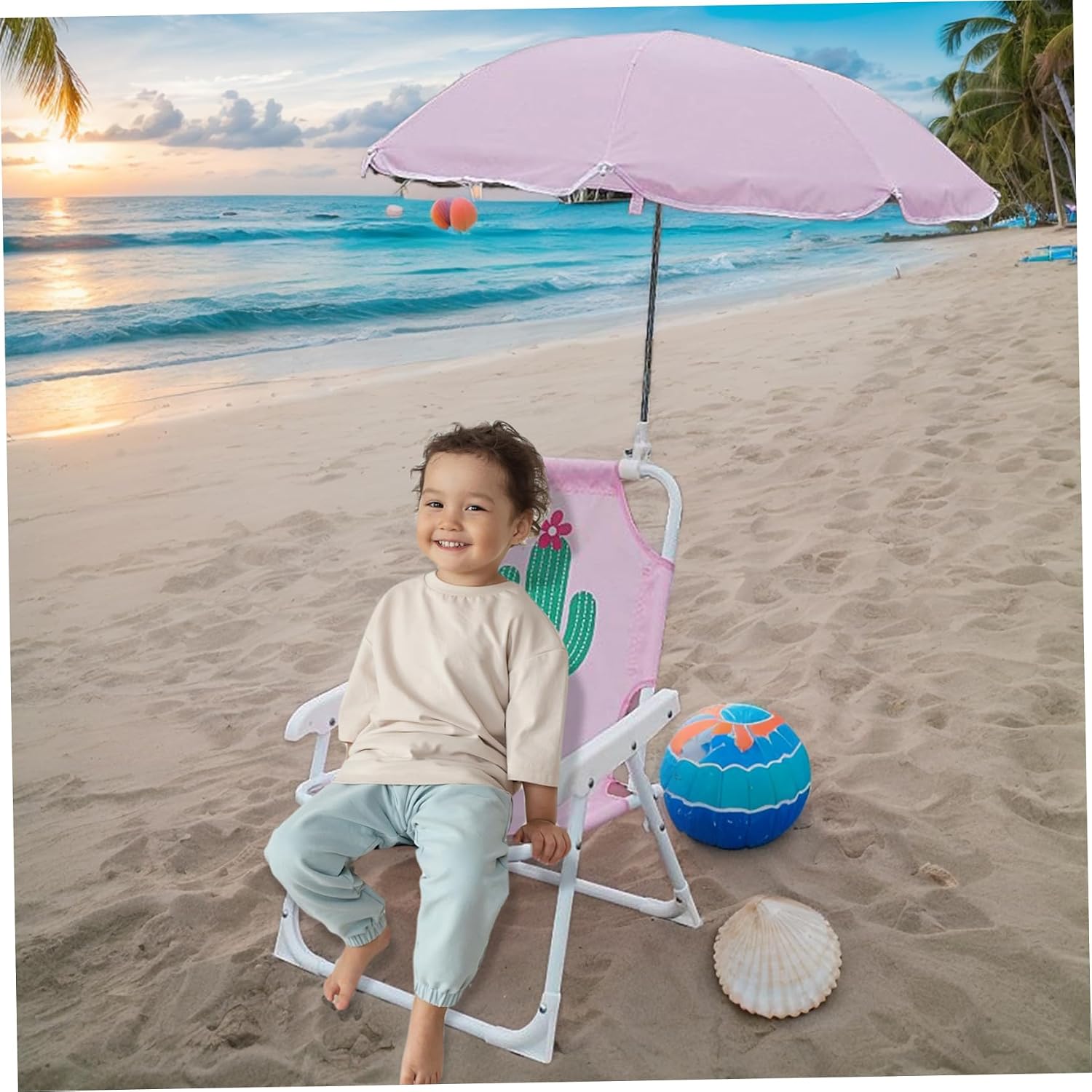 Kids Beach Chair with Umbrella, Foldable & Detachable Portable Oxford Cloth Cute Kids Beach Chair with Canopy for Outdoor Summer, Cactus