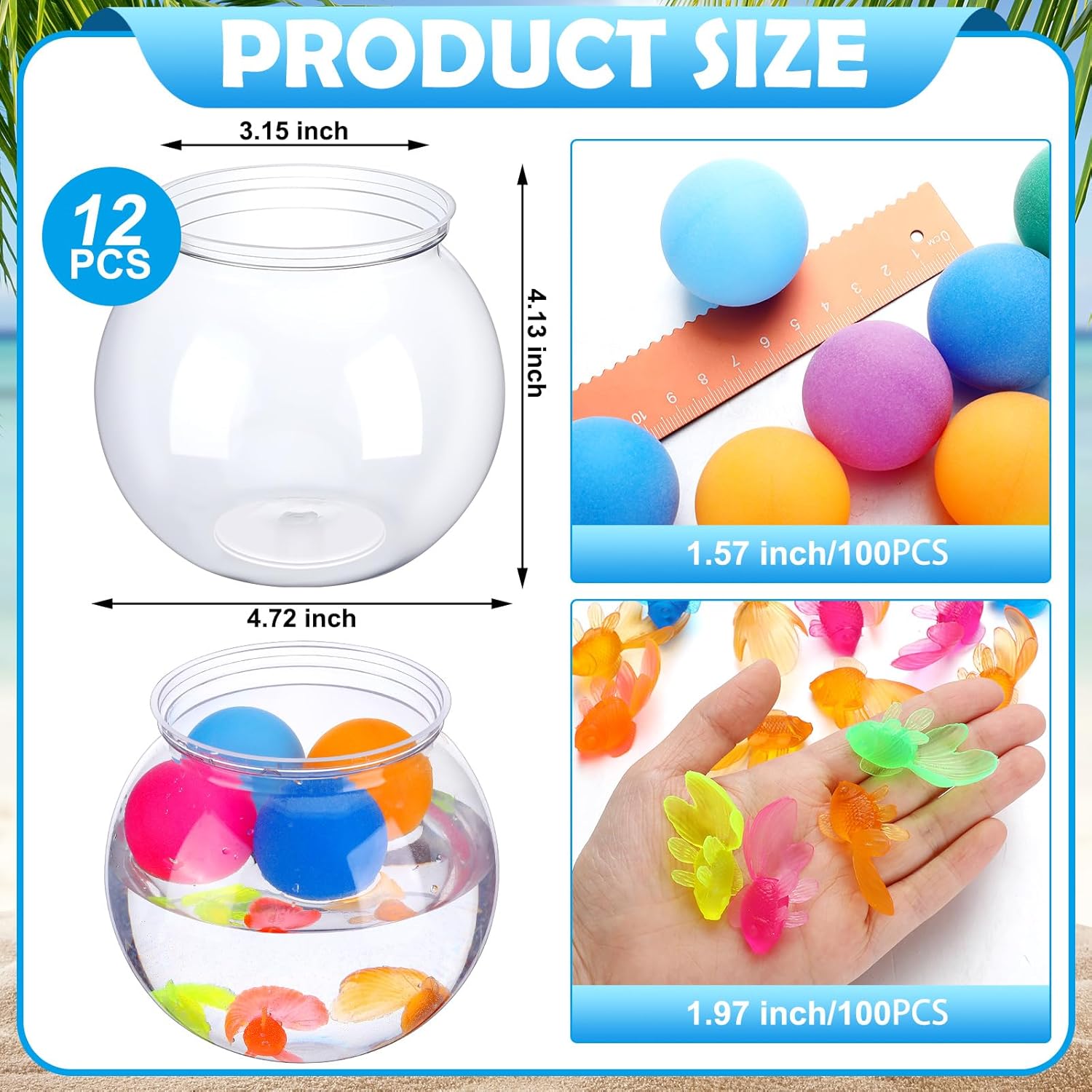 Jingmore 12 Set 30 oz Fishbowl Table Tennis Carnival Game Favors with Bounce Round Bowls Multicolor Balls Plastic Gold Fish for Adults Carnival Game Party Activity Prizes