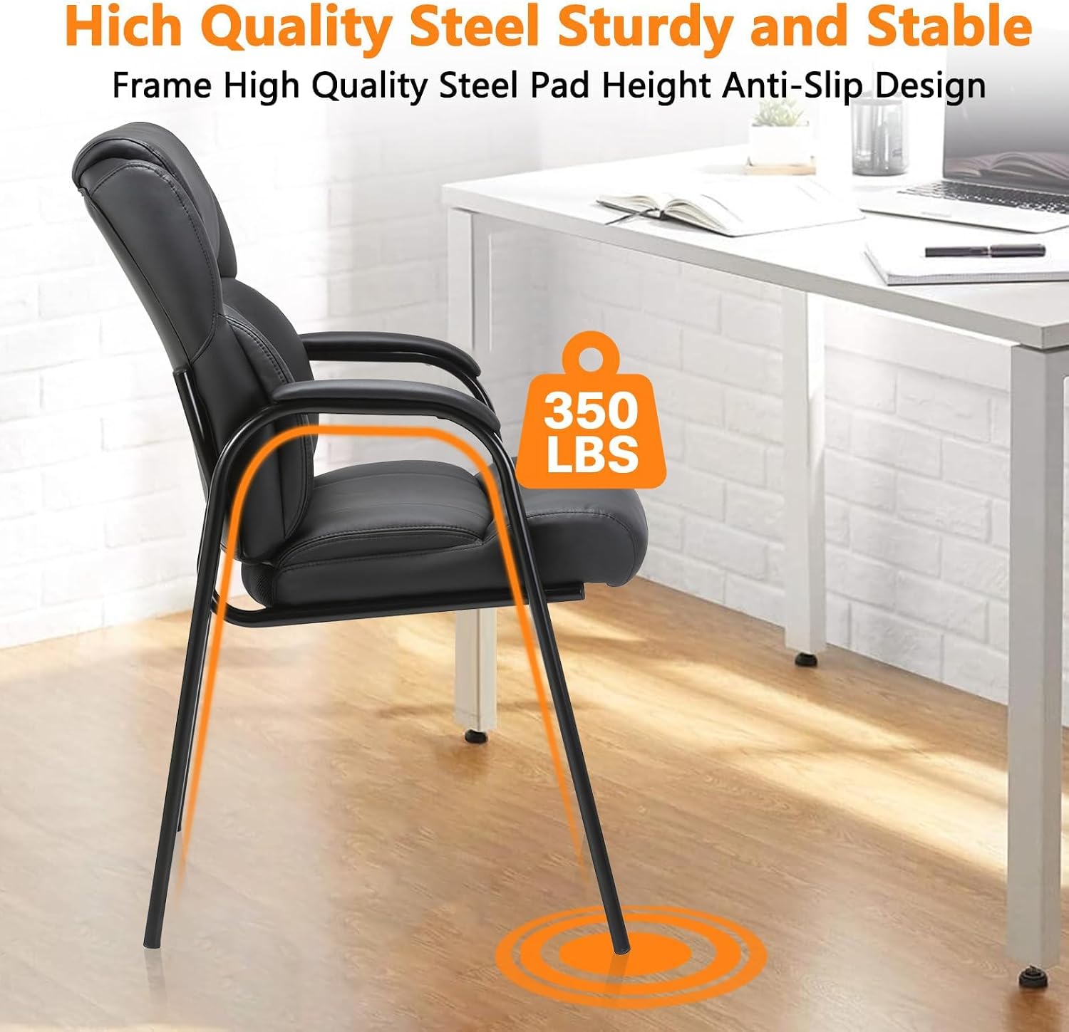 CLATINA Leather Reception Guest Chair, Office Stationary Armchair with Padded Armrests for Meeting Conference Waiting Room Lobby School, Black, 8 Pack