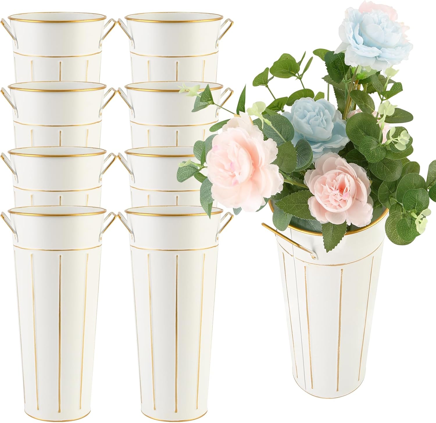 Galvanized Flower Bar Buckets with Handles 8 Pcs 11.8 Inch Tall Metal Bucket for Bloom Bar Flower Supplies, Home Decor, Wedding Centerpiece, Table Decorations, Outdoor Unbreakable Tin Vase