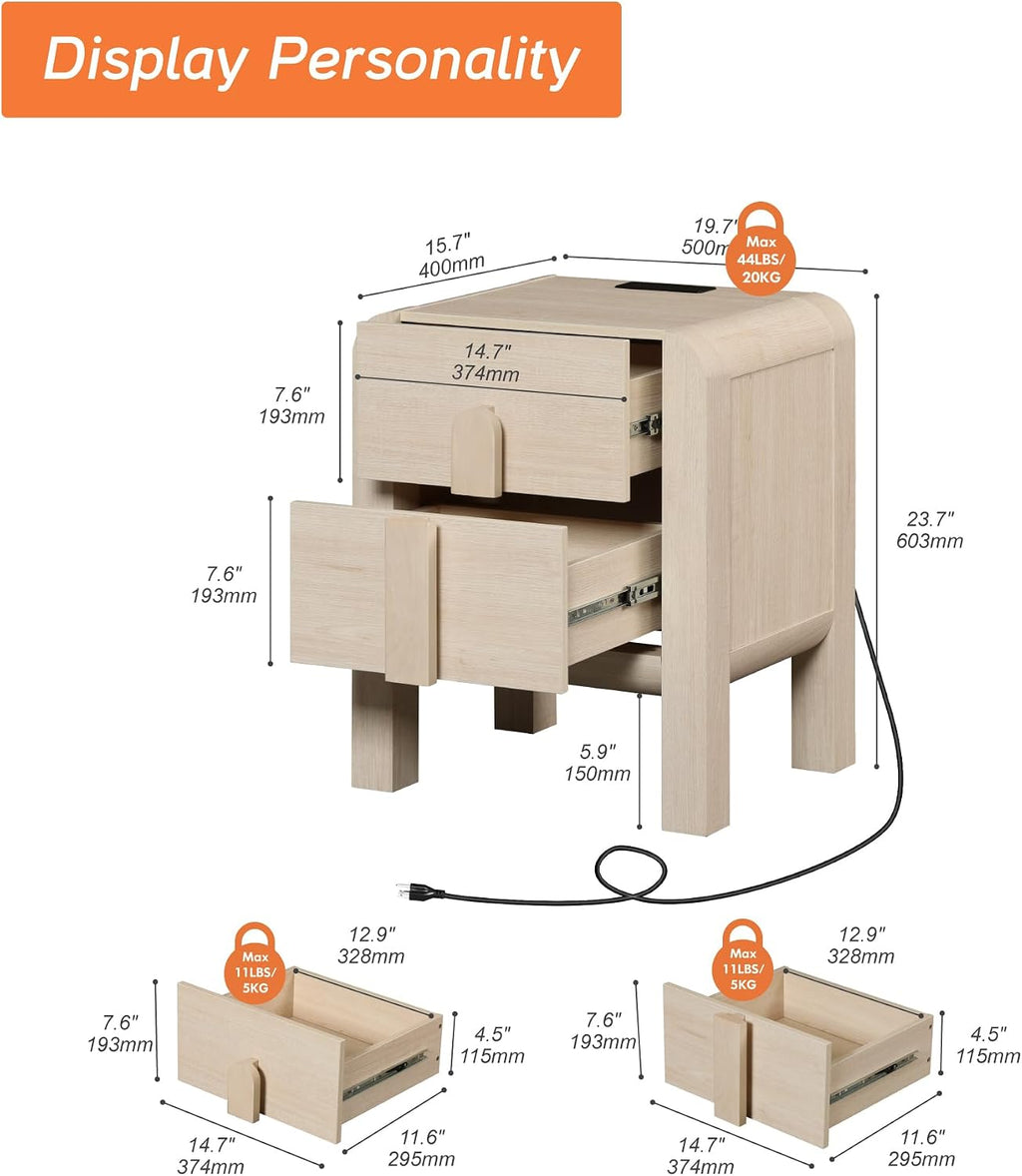 WAMPAT 23.7" Tall Beige Nightstand with Charging Station, Modern Mid Century End Table Wood Bedside Table w/2 Storage Drawers, Side Table Bedside Cabinet for Bedroom,Living Room