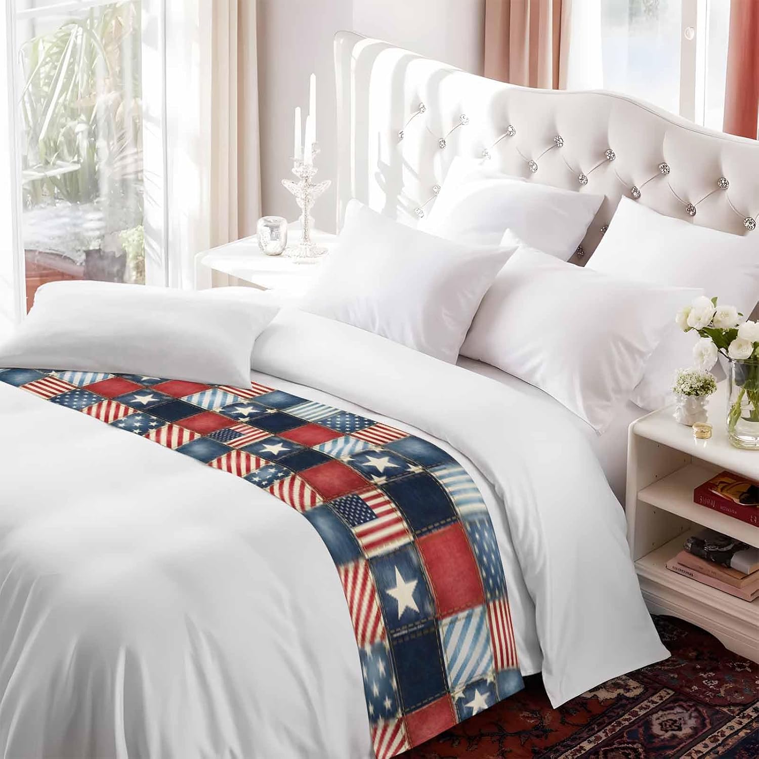 4th of July Bed Runner Stars Stripes Patchwork Bedding Scarves Soft Decorative Bed Flag Retro Checkered Grid Bed Runners for King Size Bed Home Hotel Bedroom Independence Day Decor 20x94 Inch