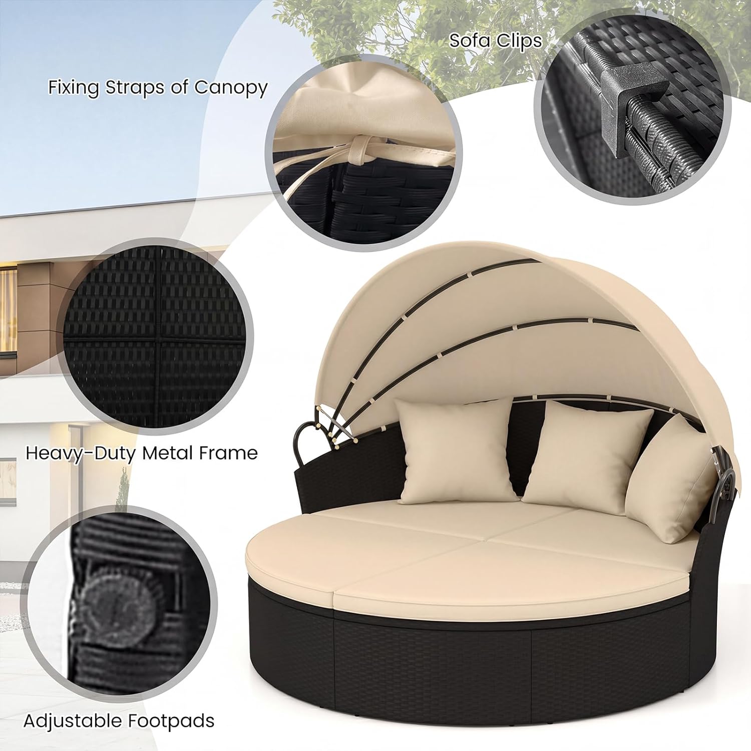HAPPYGRILL Round Outdoor Daybed with Canopy, Wicker Rattan Sectional Sofa with Cushions, Patio Conversation Set for Lawn Garden Backyard Poolside (Black Beige No Table)