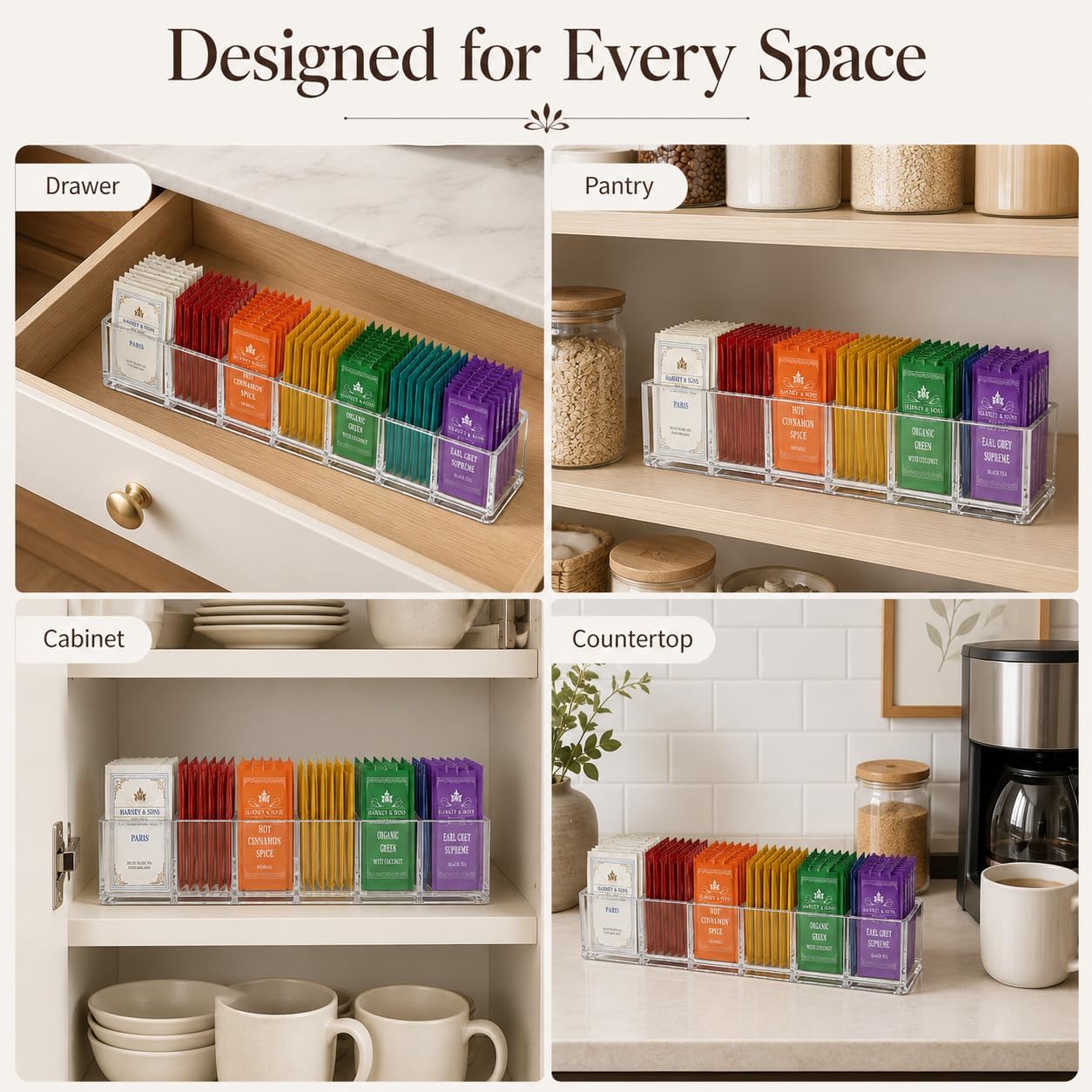 Tea Bag Organizer, Clear Pantry Storage Box with 8 Compartments, Matcha Station, Storage Bins for Drawers, Countertops, Fridge, Kitchen, Snack & Spice Organization