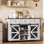 RALGEND Kitchen Island with Storage, 55" Kitchen Cart with Charging Station, Rolling Kitchen Island Table with Drop-Leaf, 3 Drawers, Barn Doors, Towel Rack and Spice Rack, White and Walnut