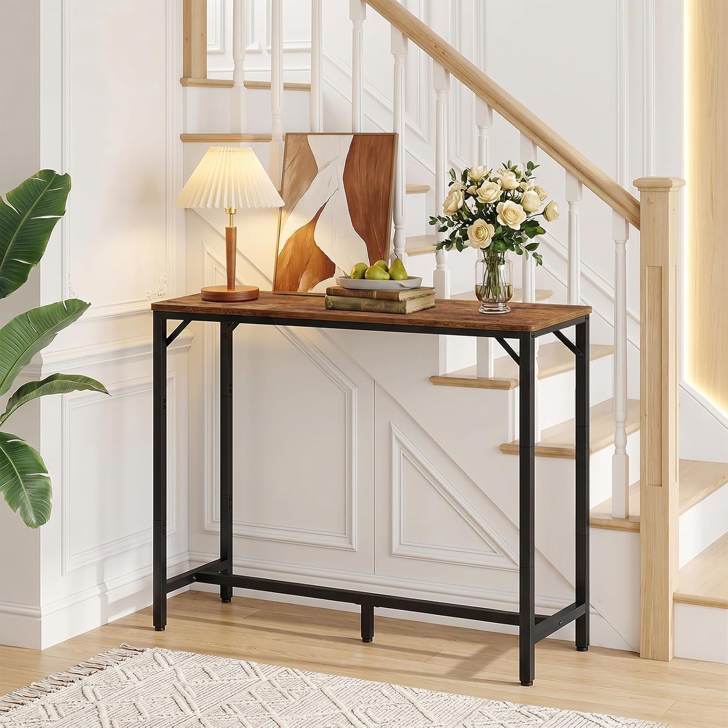 MAHANCRIS Bar Table, 35.4-Inch Counter Height Pub Table, Cocktail Table | Rectangular Bar Table with Metal Frame and Footrest, for Dining Room, Stairwell, Bar, Save Space, Rustic Brown and Black