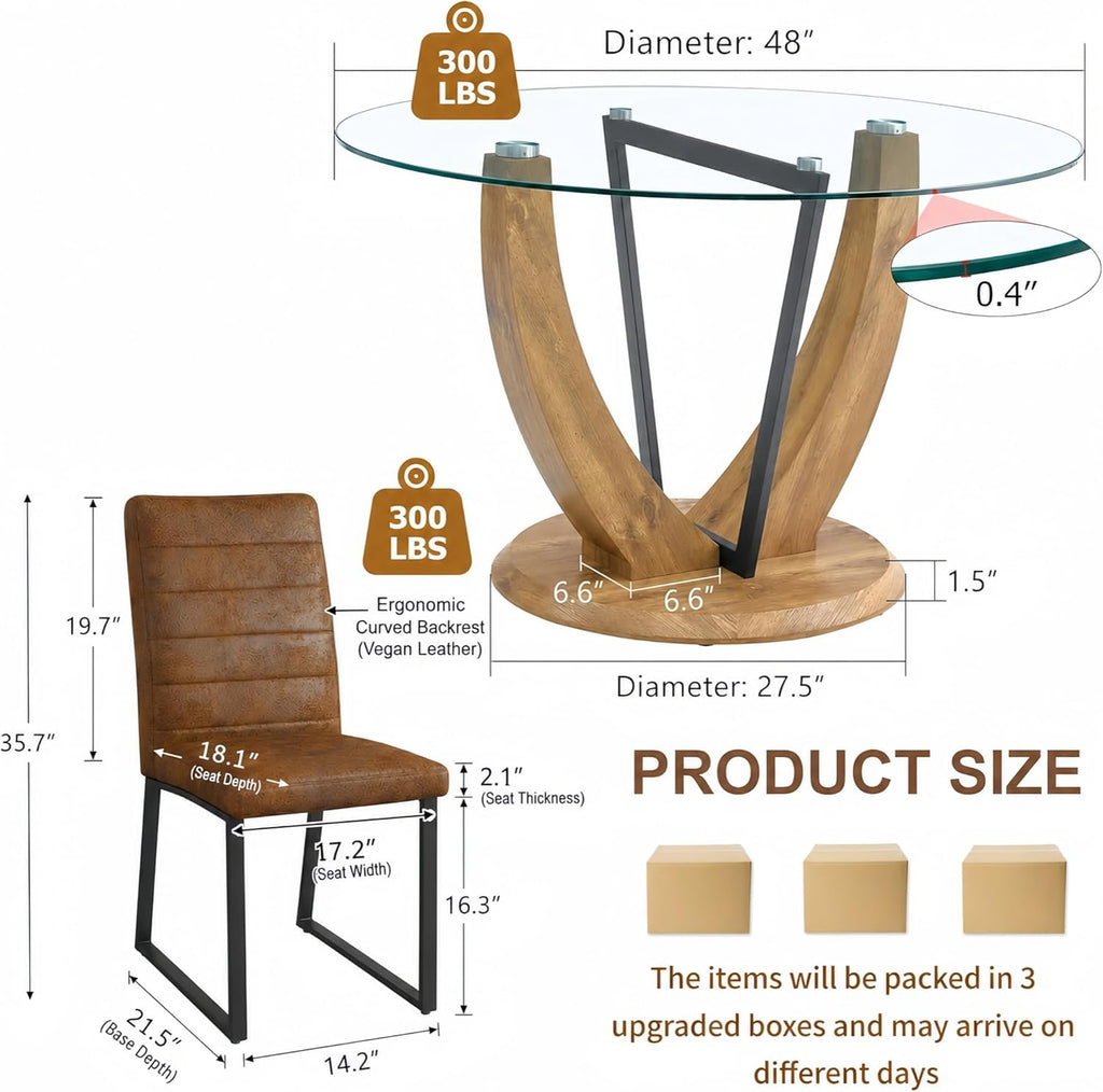 5-Piece Round Glass Dining Table Set for 4, 48” Modern Dining Room Table with Wood Grain Base, Brown Suede Upholstered Chairs with Black Metal Legs for Kitchen, Apartment, Breakfast Nook
