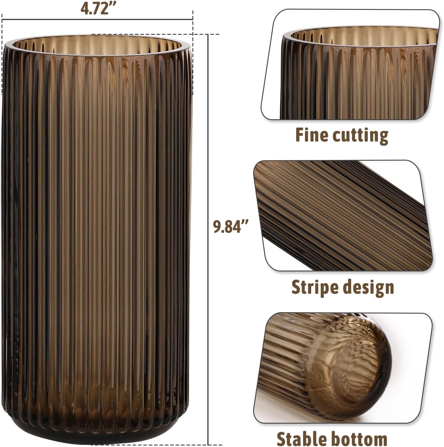 WHJY Cylindrical Brown Glass Vase, Vintage Flower Vase, Hand Blown Glass Vase, Decor for Dining Table Centerpiece Décor – 10 inches