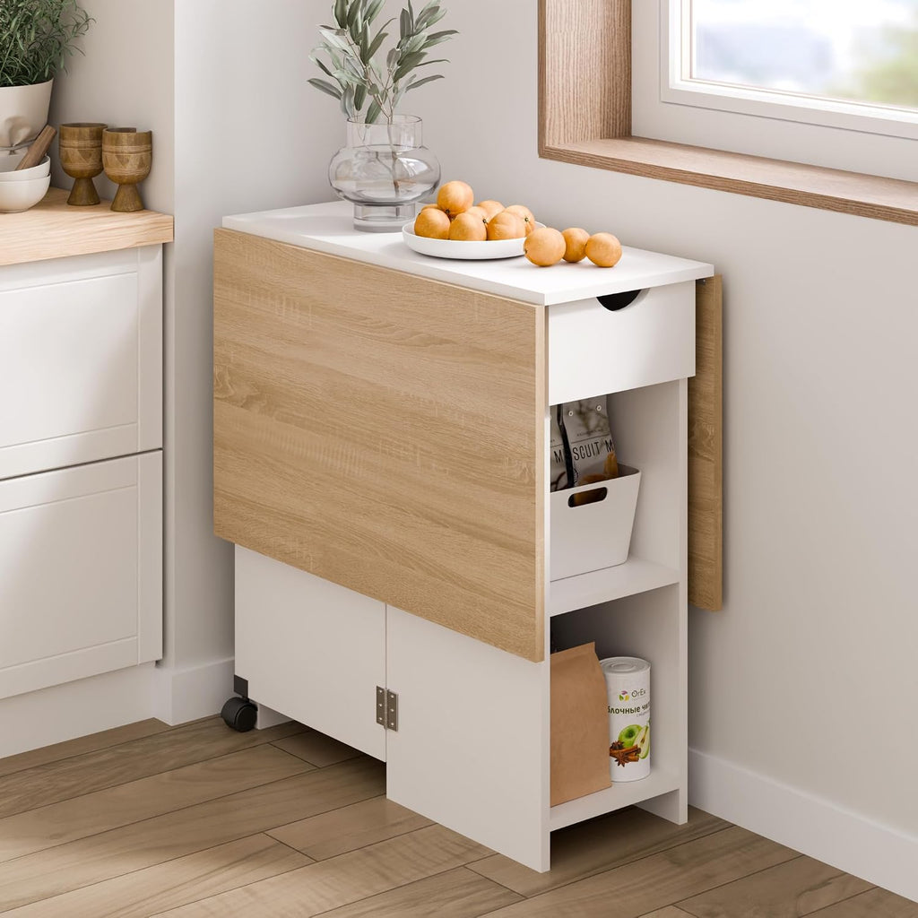 Folding Dining Table, Drop Leaf Table for Small Space with Drawer and Open Storage Shelves, Modern Rectangular Kitchen Dining Table, 47.2" L x 28.3" W (Oak & White)