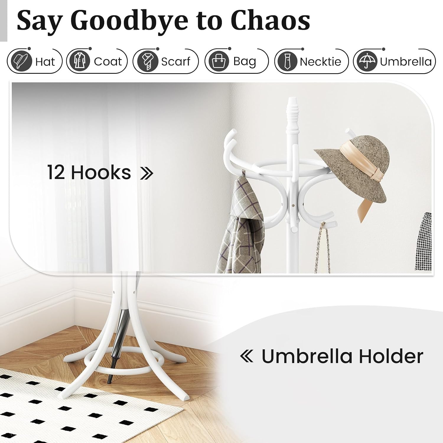 Tangkula Coat Rack with Umbrella Holder, 73 Inch Freestanding Coat Hanger Stand with 12 Hooks, Wooden Entryway Coat Tree for Clothes, Bags, Hats, Scarves, Living Room, Bedroom, Hallway (White)