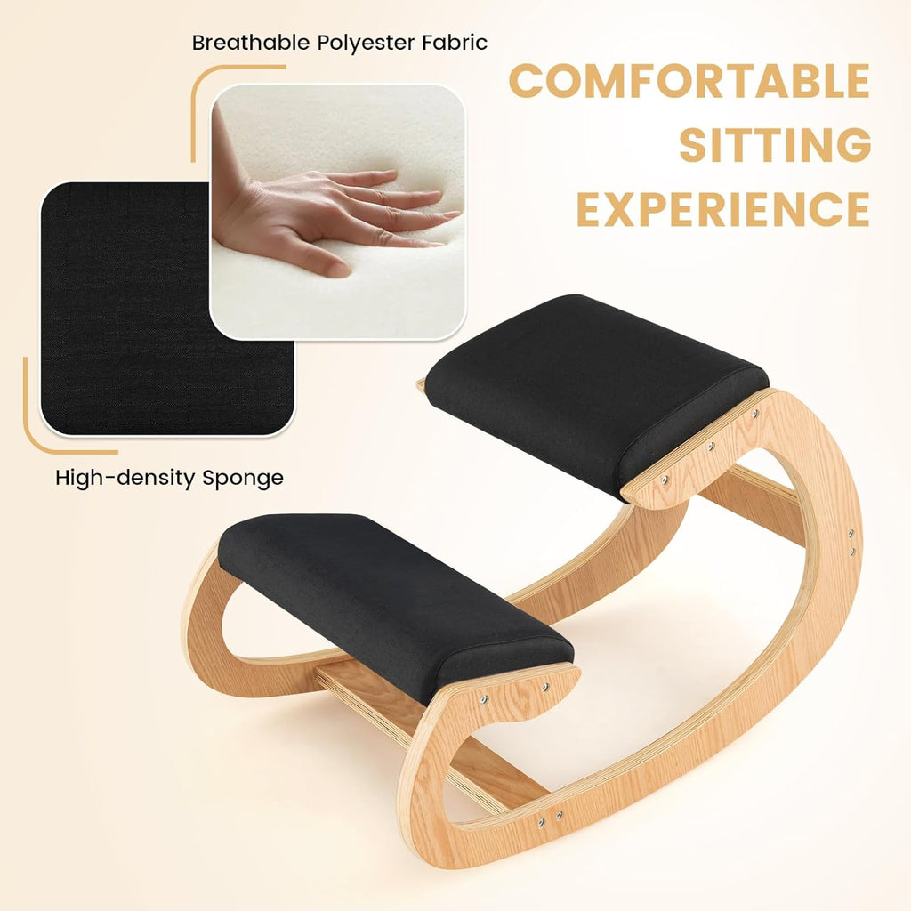 Giantex Ergonomic Kneeling Desk Chair, Rocking Knee Chair with Cushion & Solid Wood Frame, Natural Relief for Neck or Back Pain, Posture Chair for Desk, Home, Office, Max Load 330 Lbs (Black)